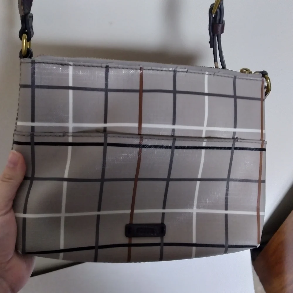 Fossil Gray and Brown Neutral Plaid Zip Top Crossbody Purse Handbag